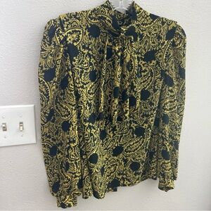 Vintage Sheer Paisley Tie-Neck Detail Blouse Teacher Black Gold Size Small